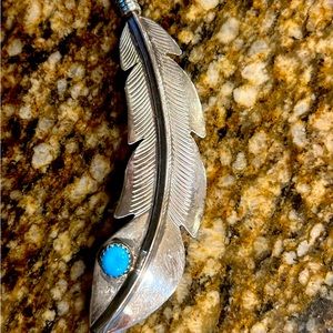 Vintage Sterling Silver Native American Feather Pin with Turquoise Stone, 3.25”